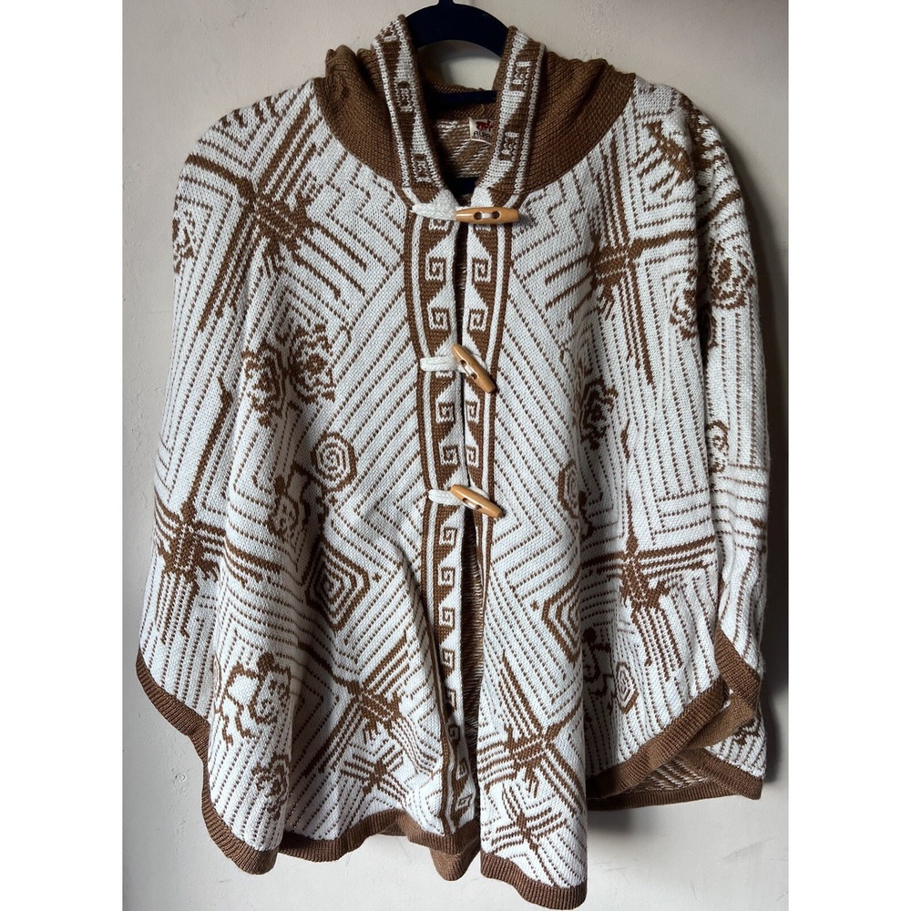 Women's‎ Alpaca Wool Hooded Knit Yarn Cape Coat Poncho - Wooden Buttons